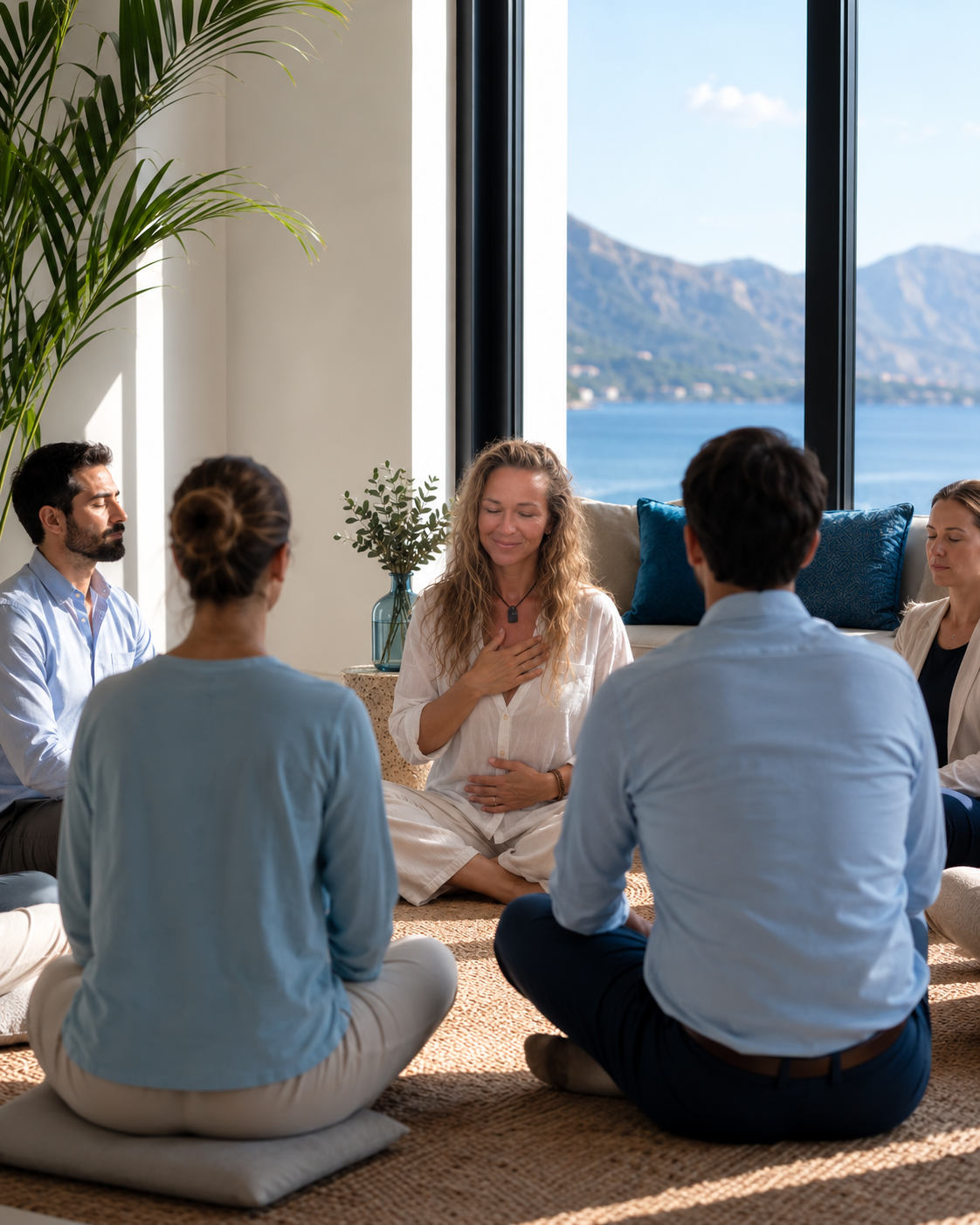 Corporate yoga session in Barcelona with a company team seated in meditation