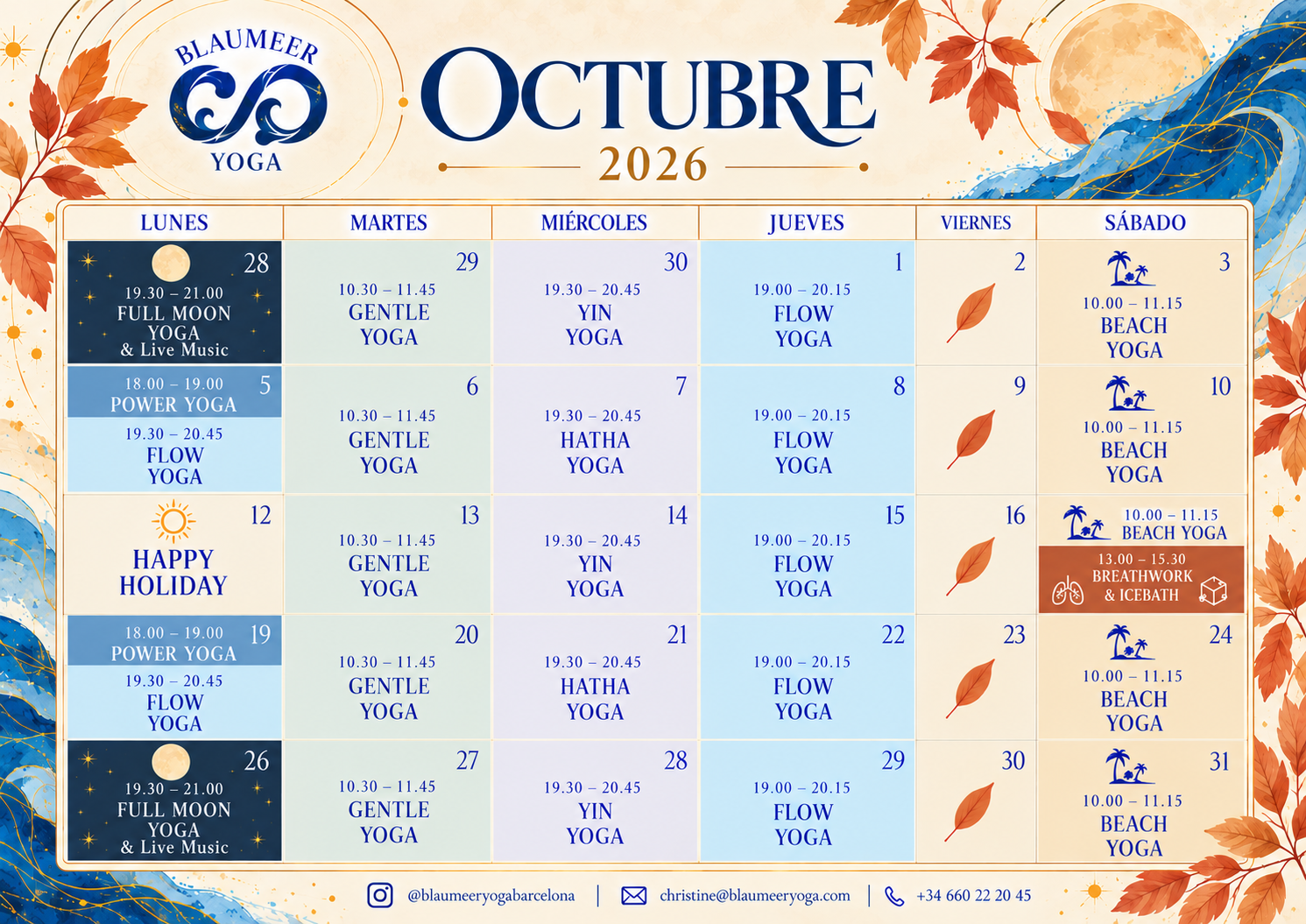 Blaumeer Yoga class schedule for October 2026