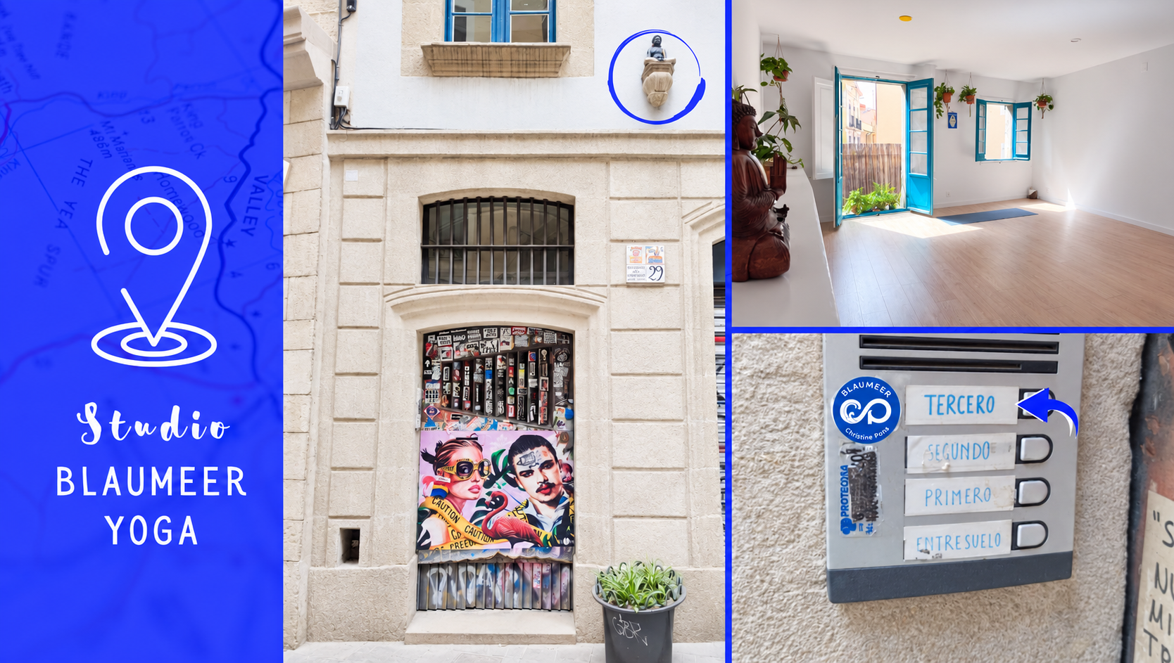 Blaumeer Yoga, Carrer Comtal 29: entrance door, studio interior and intercom