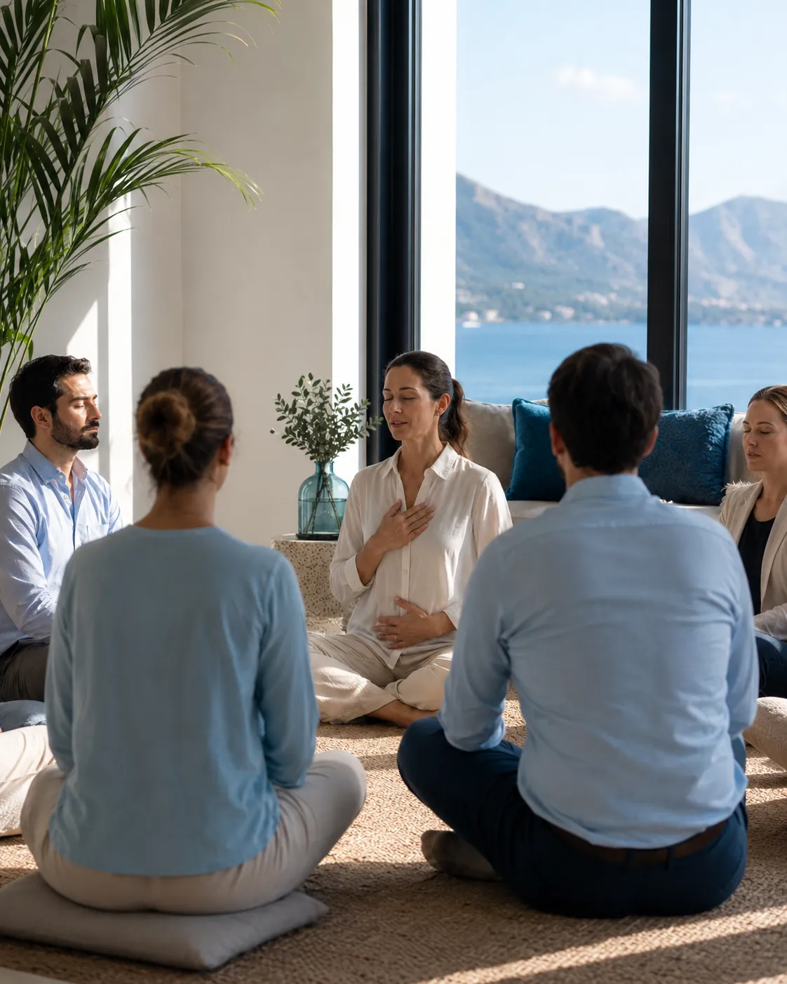 Corporate yoga session in Barcelona with a company team seated in meditation