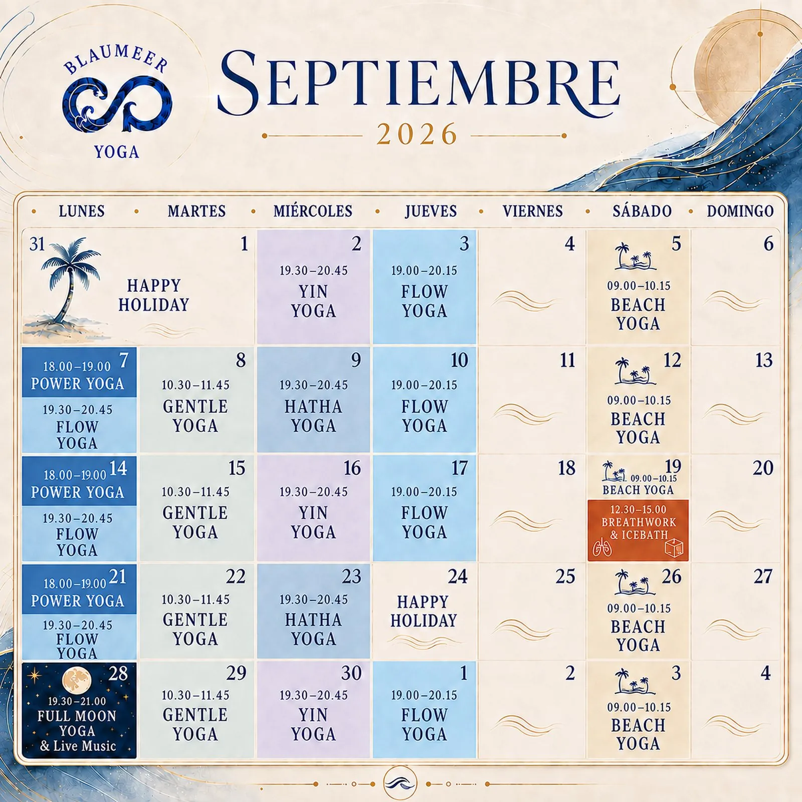 Blaumeer Yoga class schedule for September 2026
